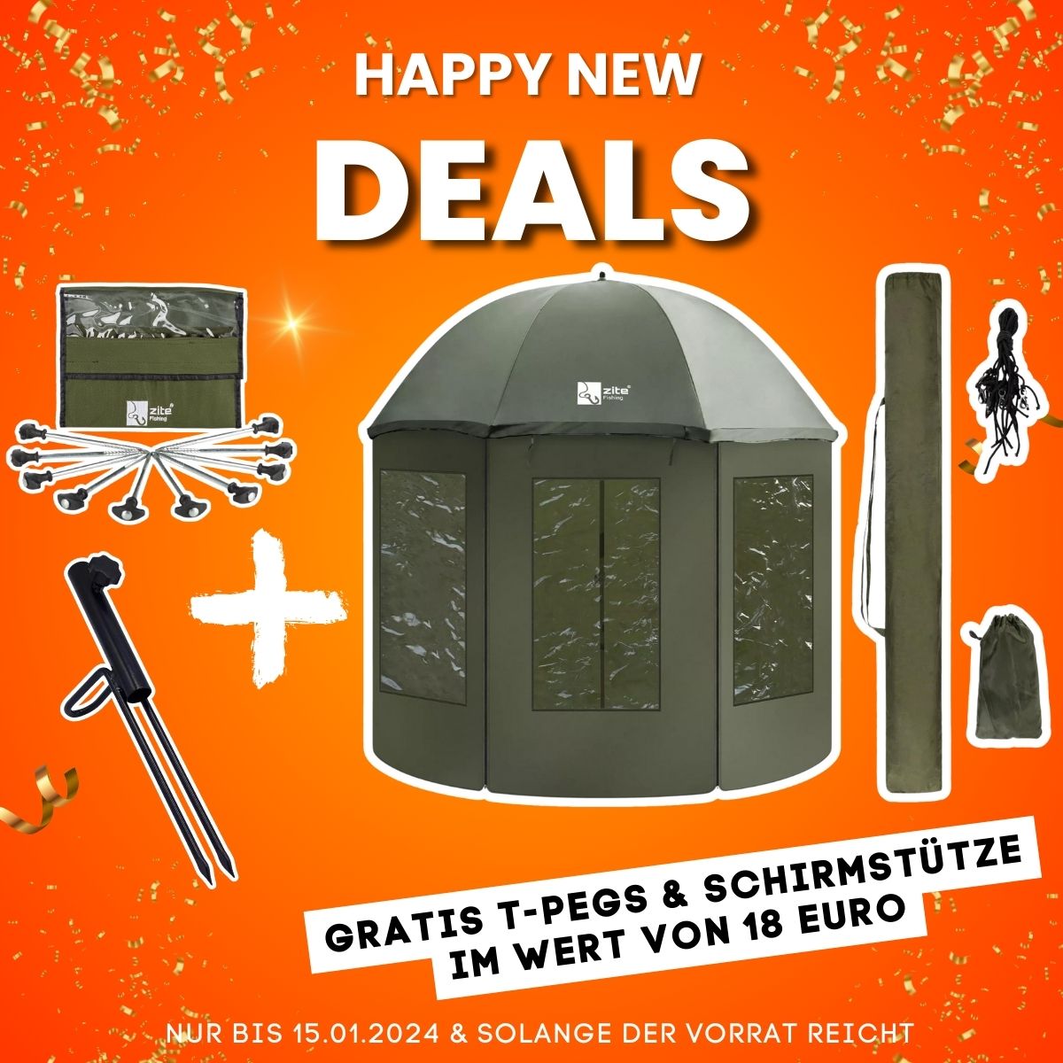 Happy New Deal: Zite Fishing Schirmzelt geschlossen + T-Pegs Zeltheringe & Schirmstütze Gratis