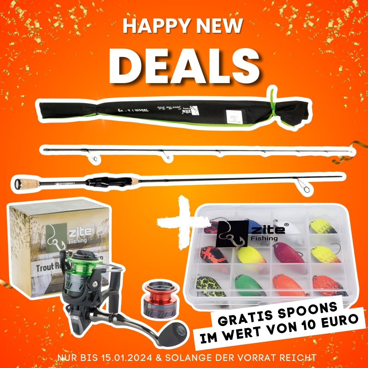 Happy New Deal: Zite Fishing Forellenrute 1,90 m + Trout Reel 1000 3+1BB + Spoon-Set 13-tlg. Gratis