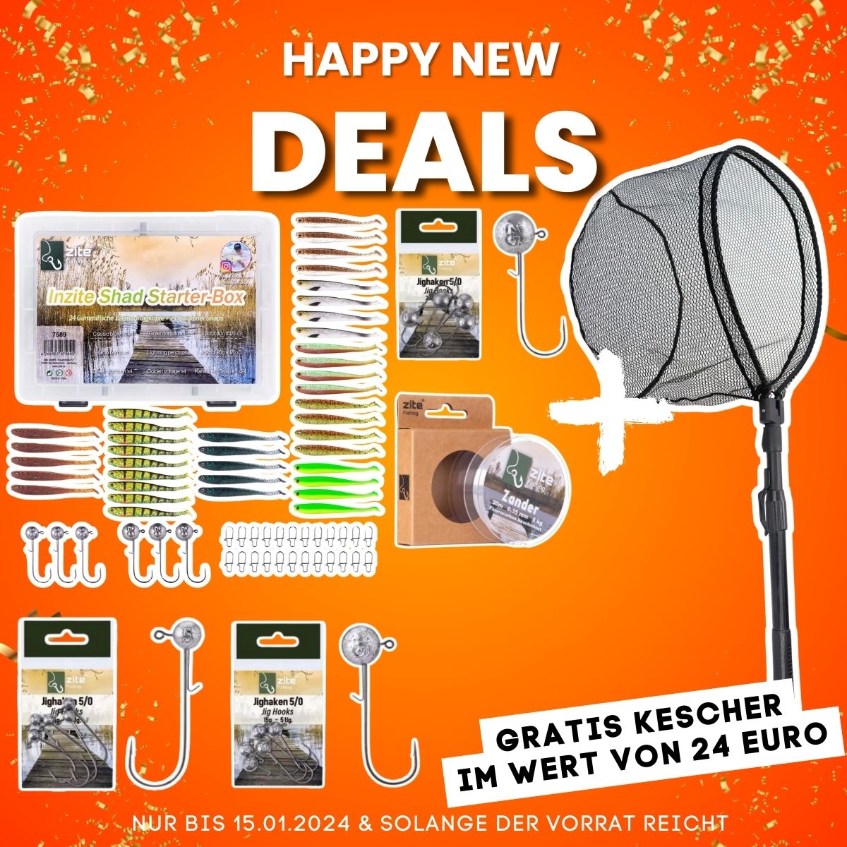 Happy New Deal: Zite Fishing Inzite Shad Starterbox-Set + 15 Jighaken + Zander Vorfachschnur + Kescher Gratis
