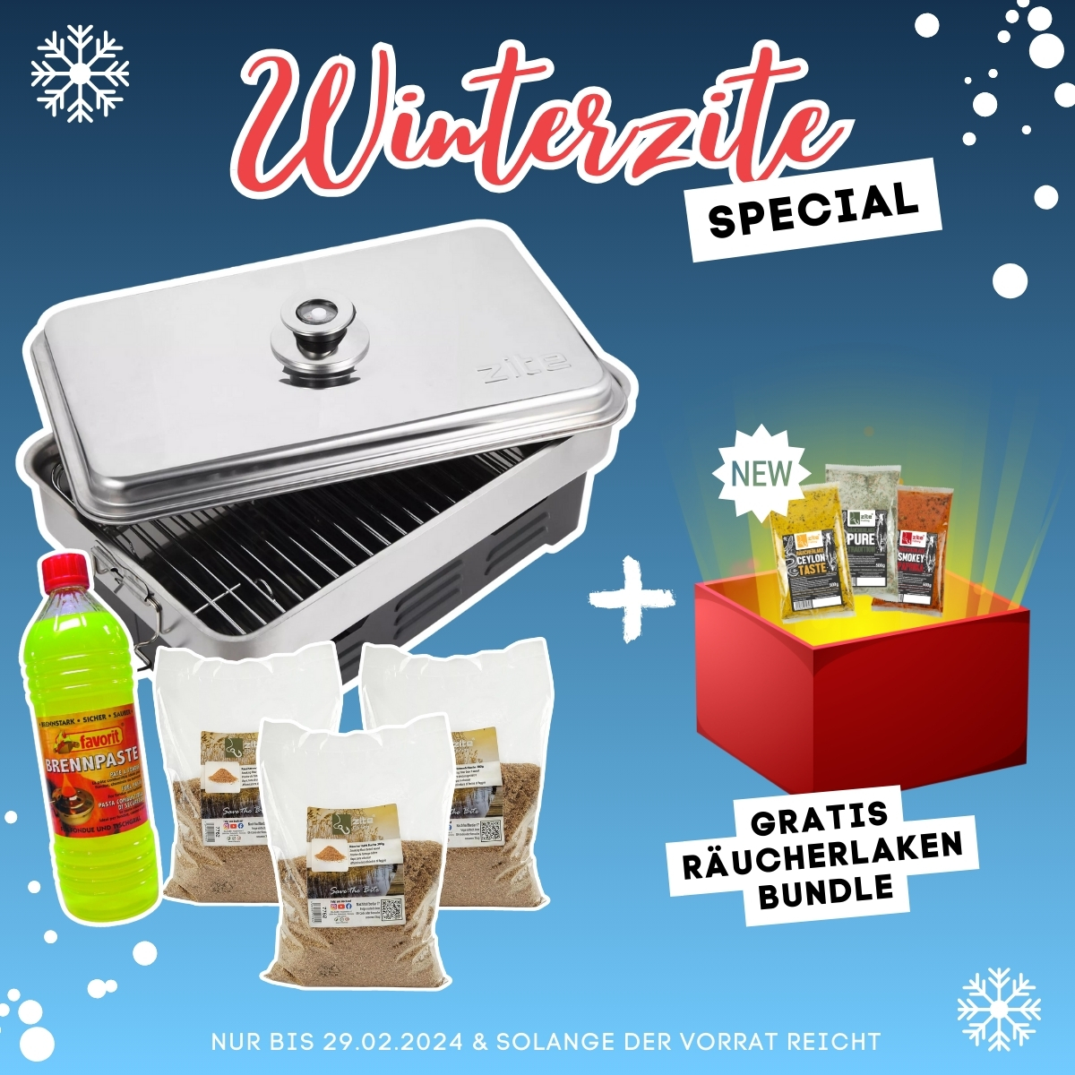 Winterzite Deal: Zite Fishing Tischräucherofen Sparbundle mit Brennpaste & 3x Räuchermehl + 3x Räucherlake Gratis