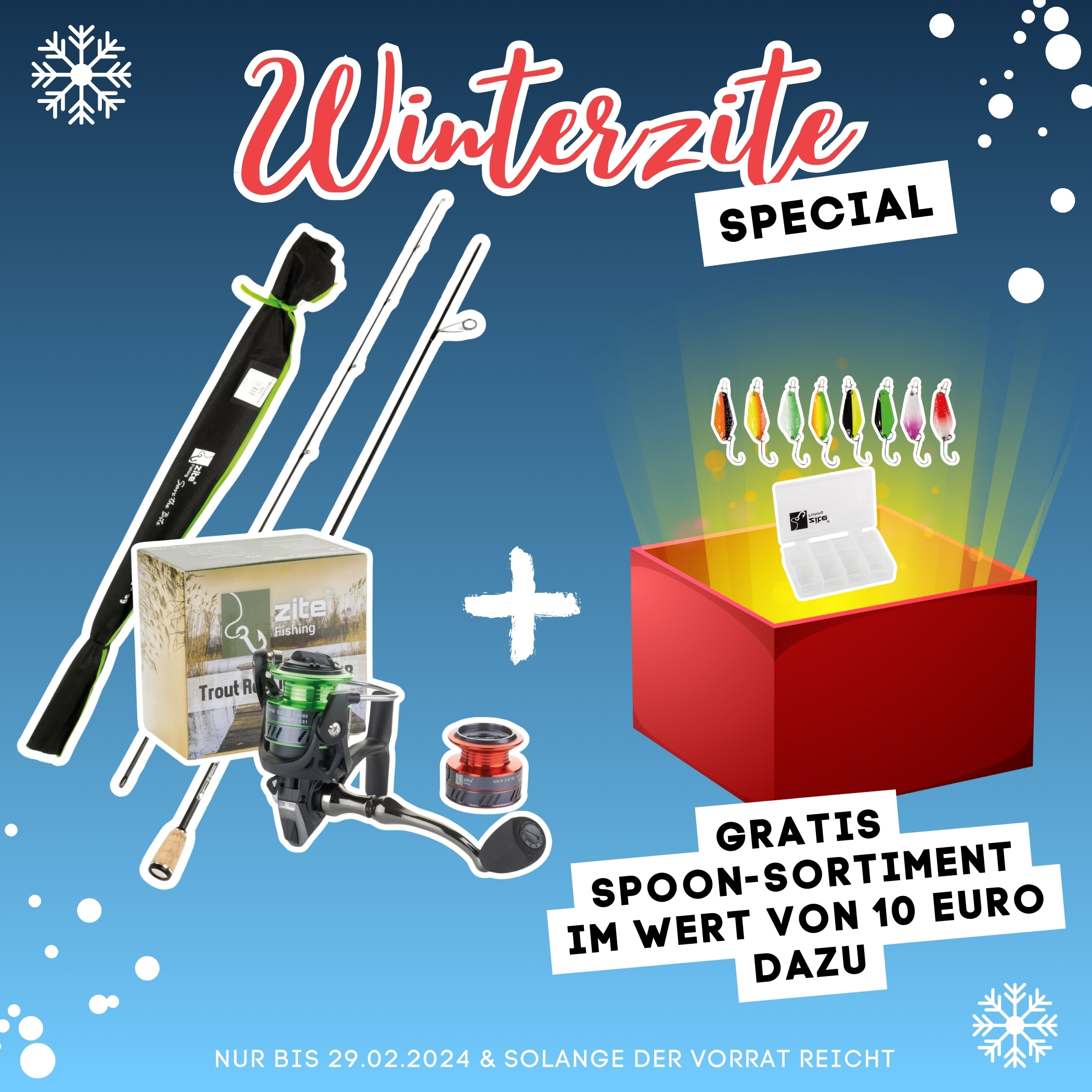 Winterzite Deal: Zite Fishing Forellenrute 1,90 m & Trout Reel 1000 3+1BB & 3-fach geflochtene Schnur + Spoon-Set gratis