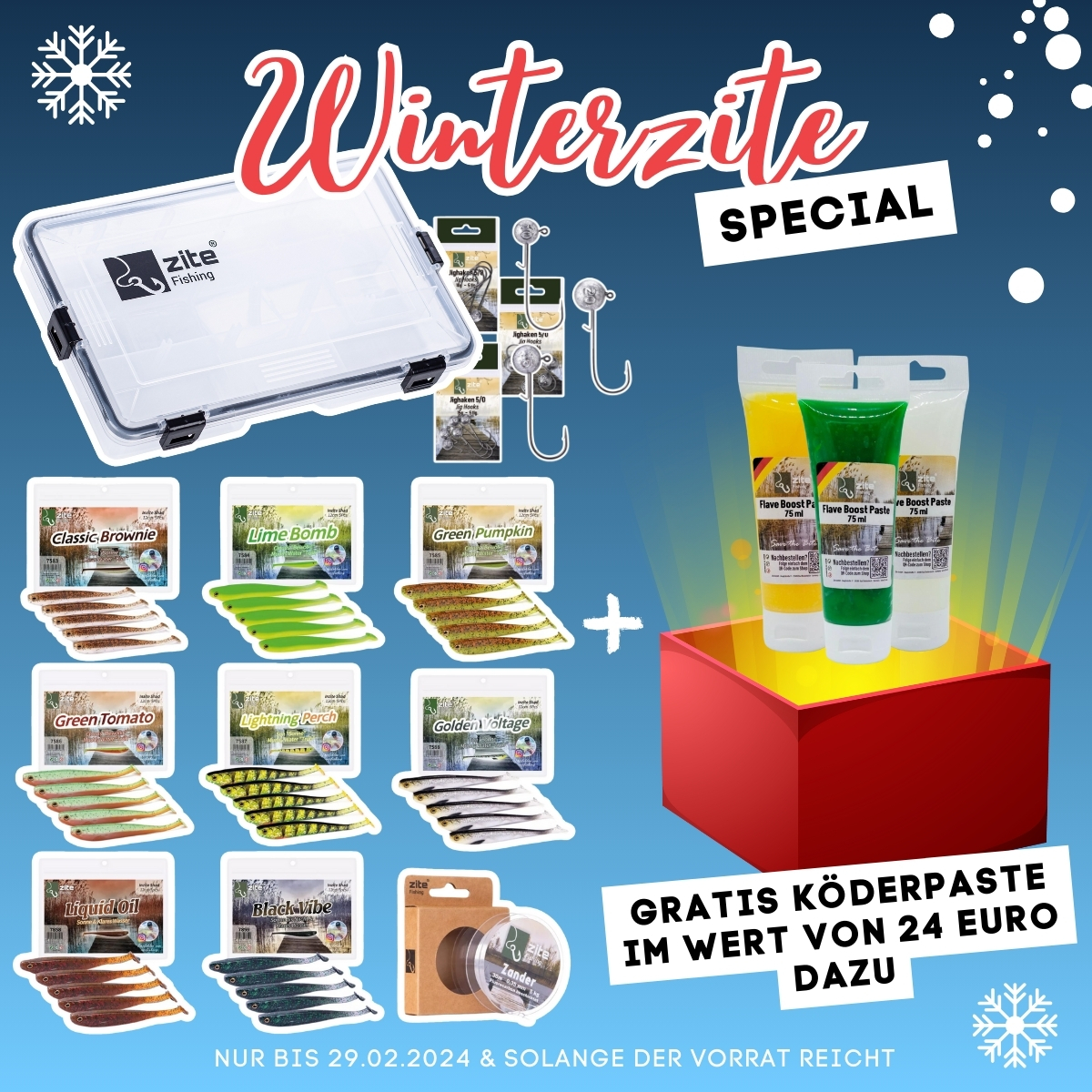 Winterzite Deal: 40x Inzite Shad 12cm & 15x Jighaken 10-20 g & Köderbox + Flave Boost Pasten Gratis