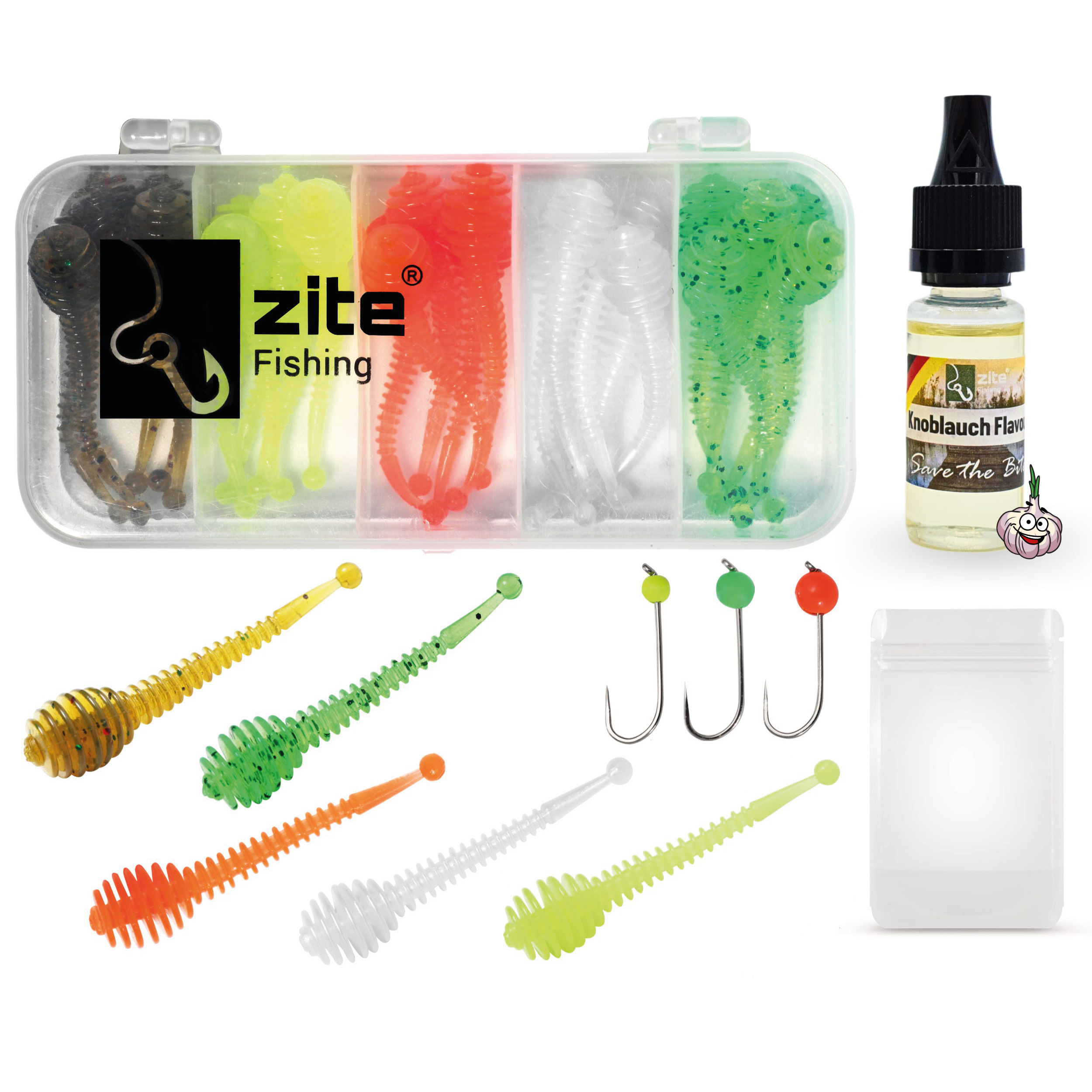 Zite Fishing Gummiwürmer mit Tungstenhaken(Rund) + 10ml Dosierflasche(Knoblauch)