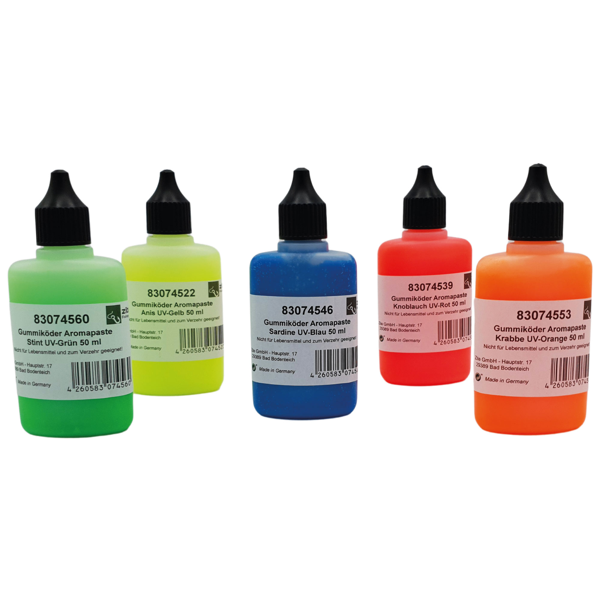 Zite Fishing Gummiköder Aromapaste Anis Knoblauch Sardine Krabbe Stint 50 ml 5er Set Zite Fishing Gummiköder Aromapaste Anis Knoblauch Sardine Krabbe Stint 50 ml 5er Set