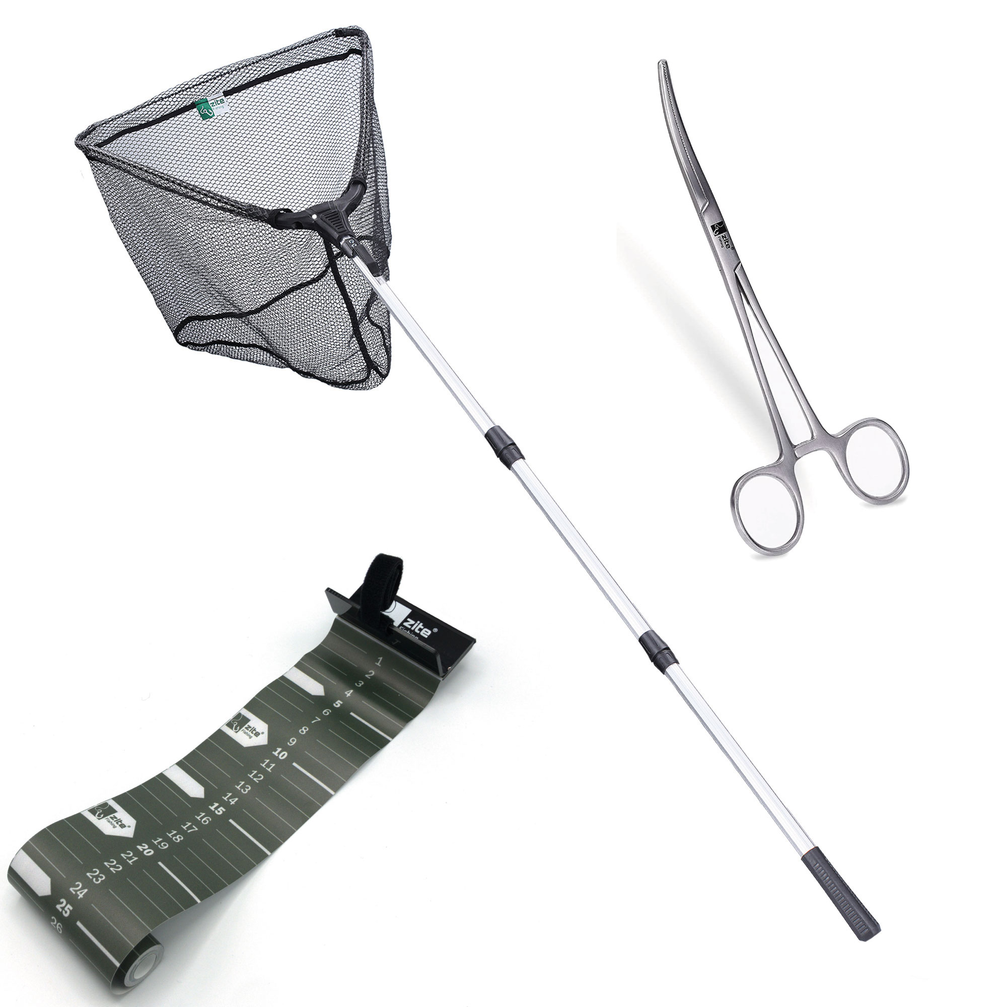 Zite Fishing Angelkescher gummiert 2,10 m + Fisch-Maßband 120 cm + Hakenlöser-Zange 18 cm im Set