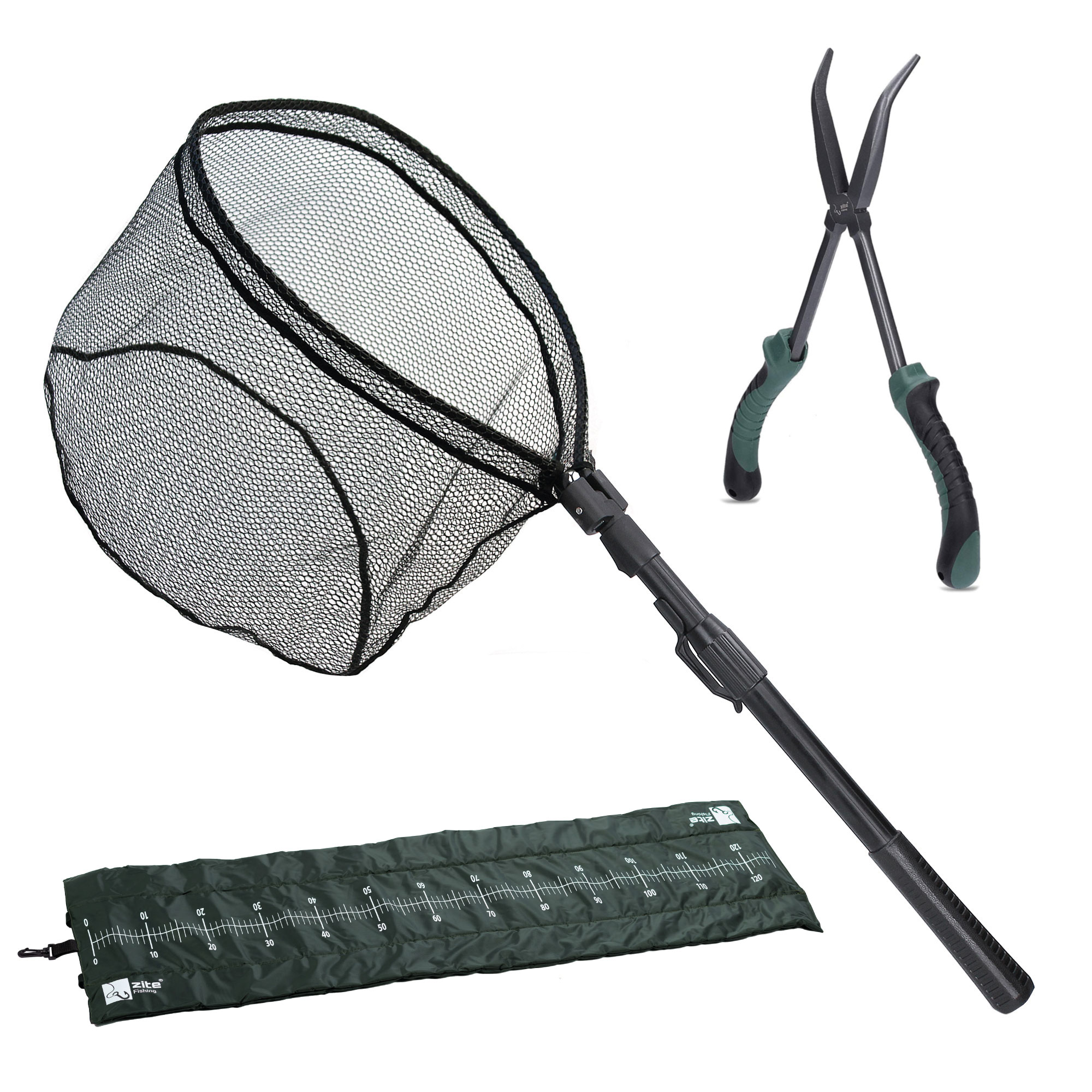 Zite Fishing Einhand-Kescher gummiert 1,13 m + Fisch-Abhakmatte 130 cm + Hakenlöser-Zange 28 cm im Set