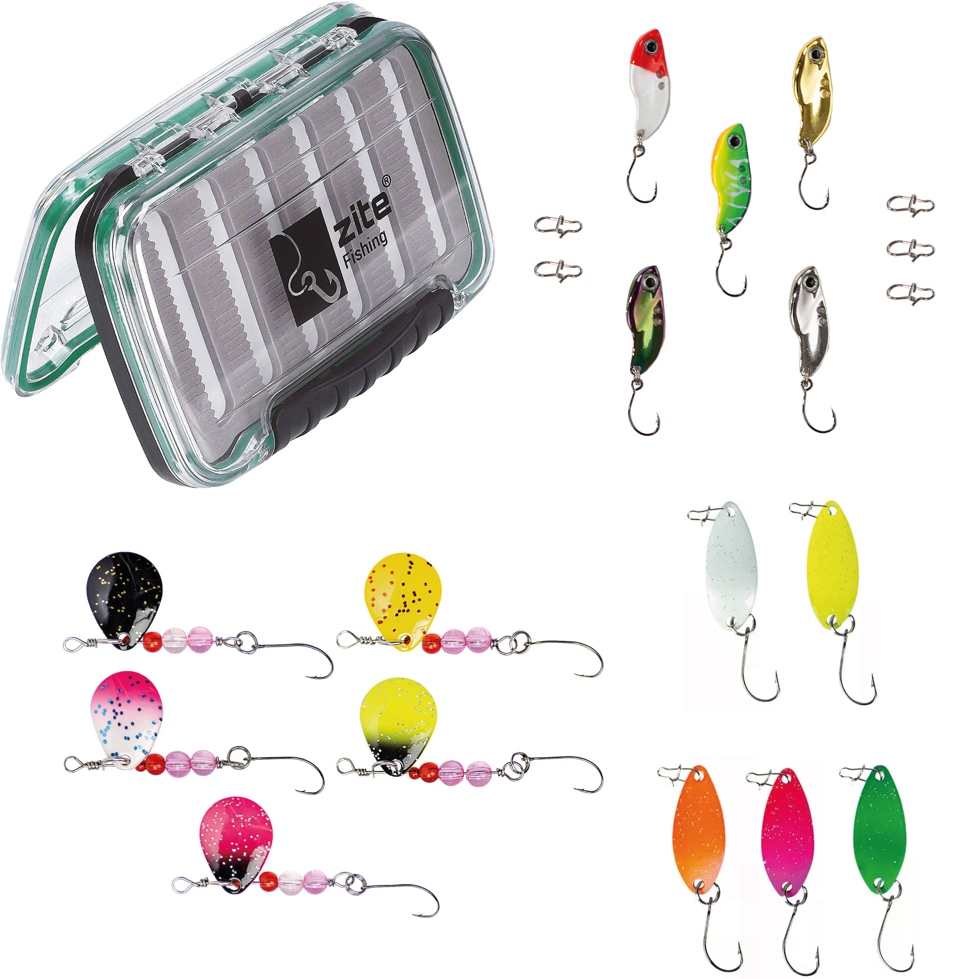 Zite Fishing Forellenköder-Set mit wasserdichter Köder-Box + Forellen-Spinner + VIB Zikaden-Köder + Trout Spoons