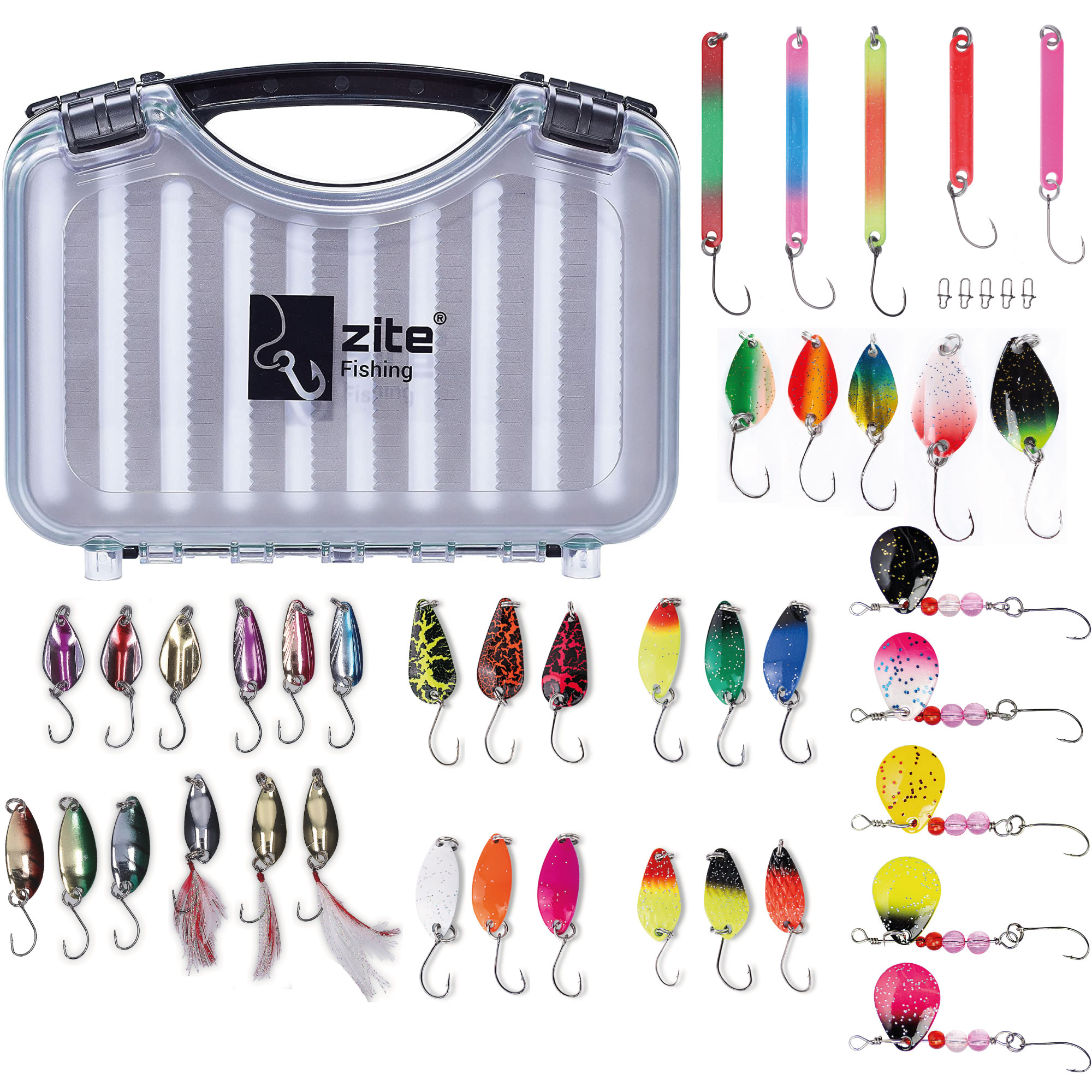 Zite Fishing Köderbox + 4 Forellen Spoon Sets + Spinner Zite Fishing Köderbox + 4 Forellen Spoon Sets + Spinner