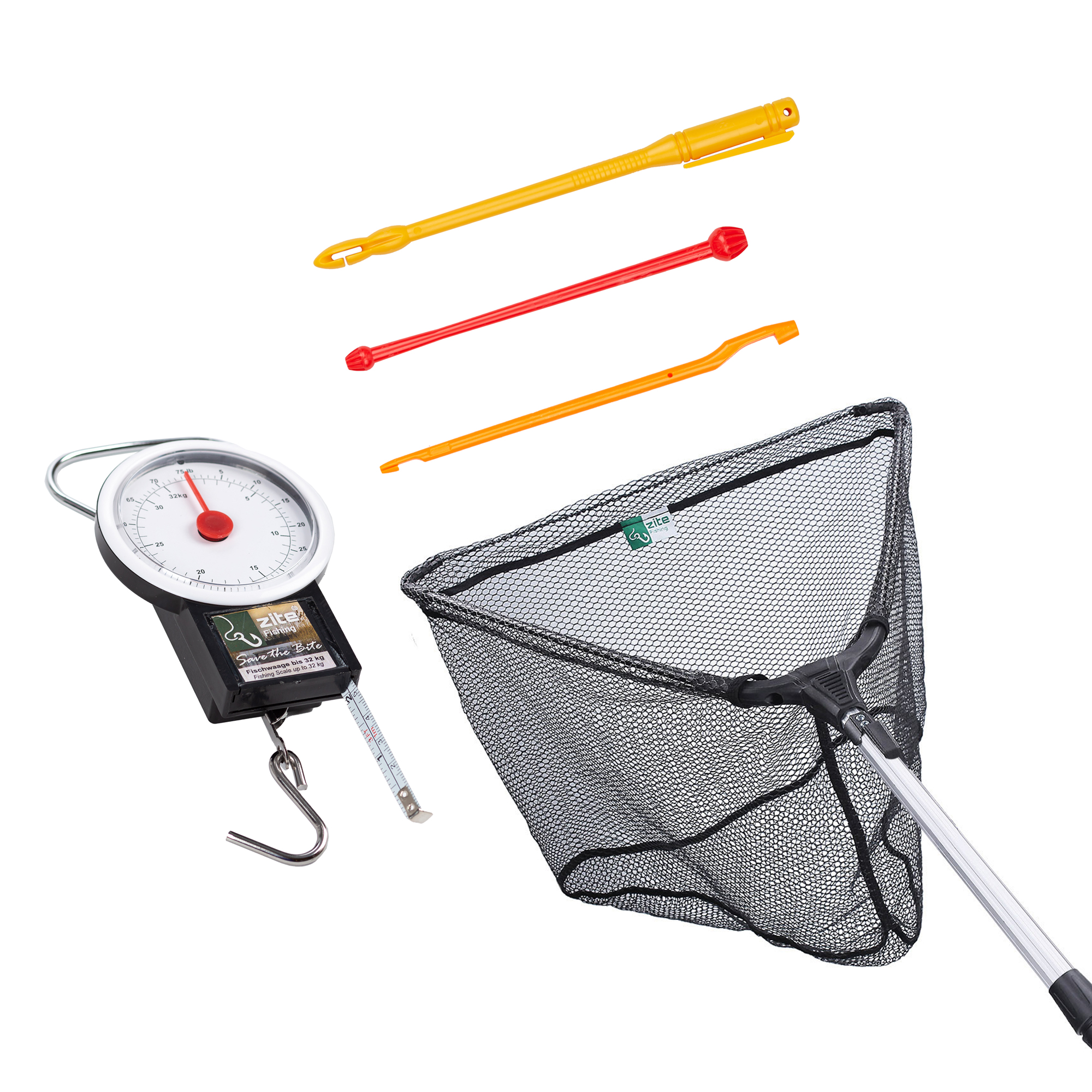 Kescher gummiert 1,60 m + Federwaage 32 kg + Hakenlöser im Set Zite Fishing Kescher gummiert 1,60 m + Federwaage 32 kg + Hakenlöser im Set Zite Fishing