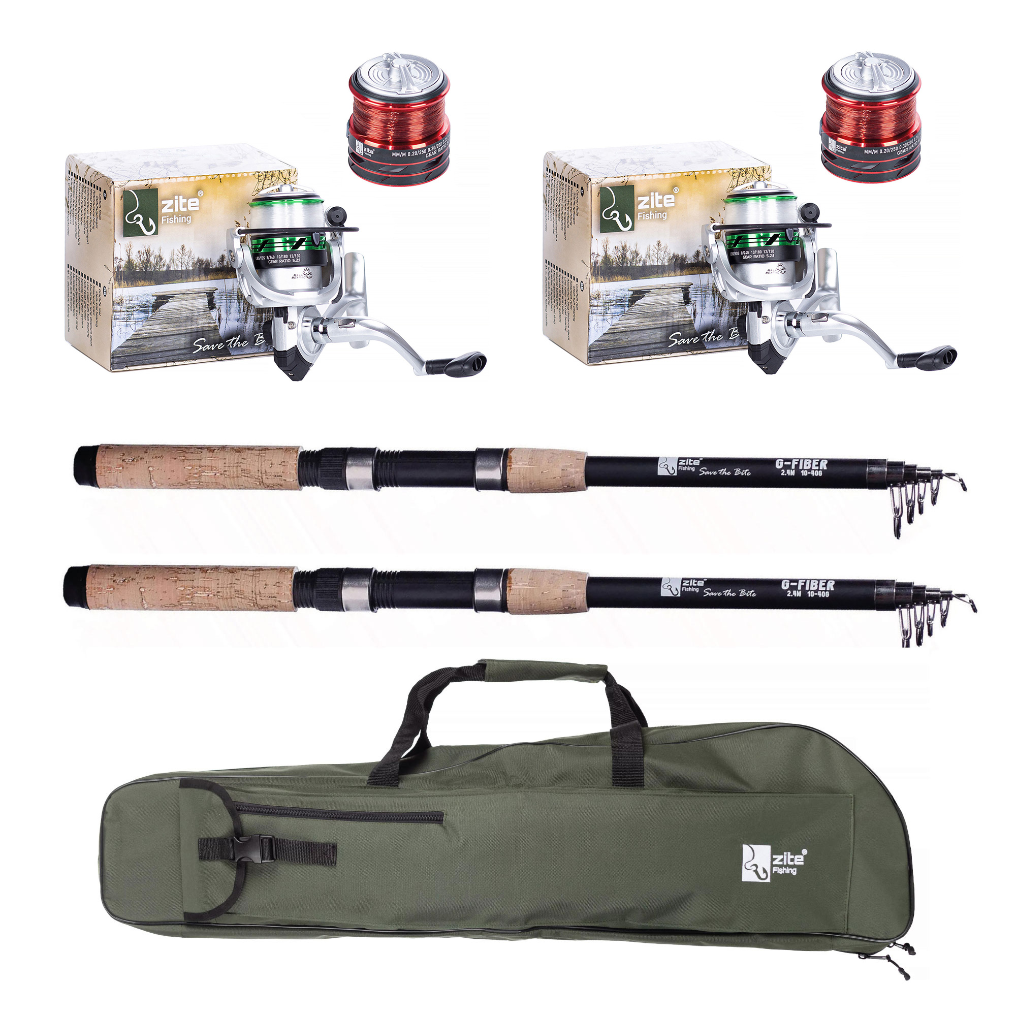 Zite Fishing 2 Teleskopruten 2,40 m + 2 bespulte Angelrollen + Rutentasche 1 m im Set