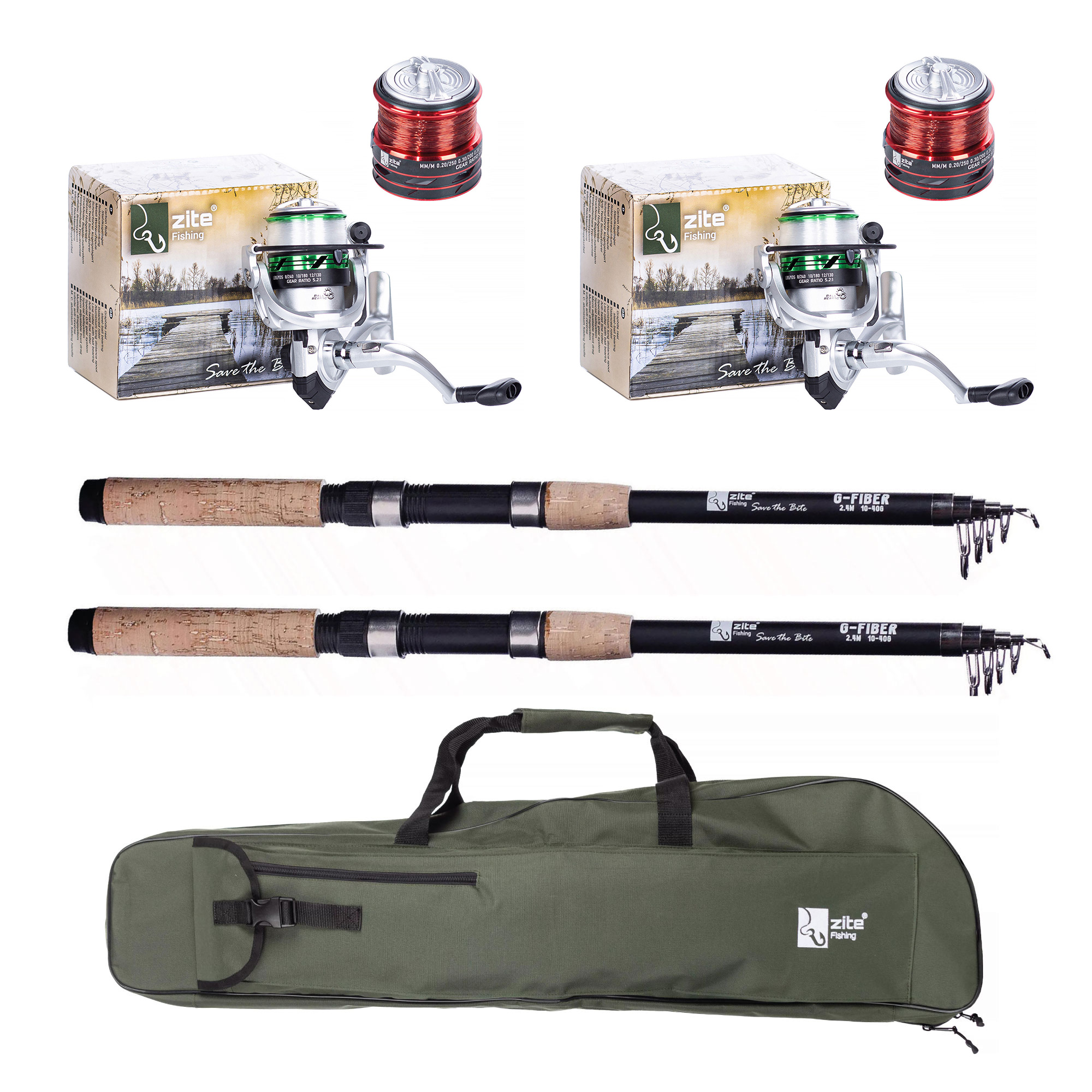 Zite Fishing 2 Teleskopruten 2,70 m + 2 bespulte Angelrollen + Rutentasche 1 m im Set