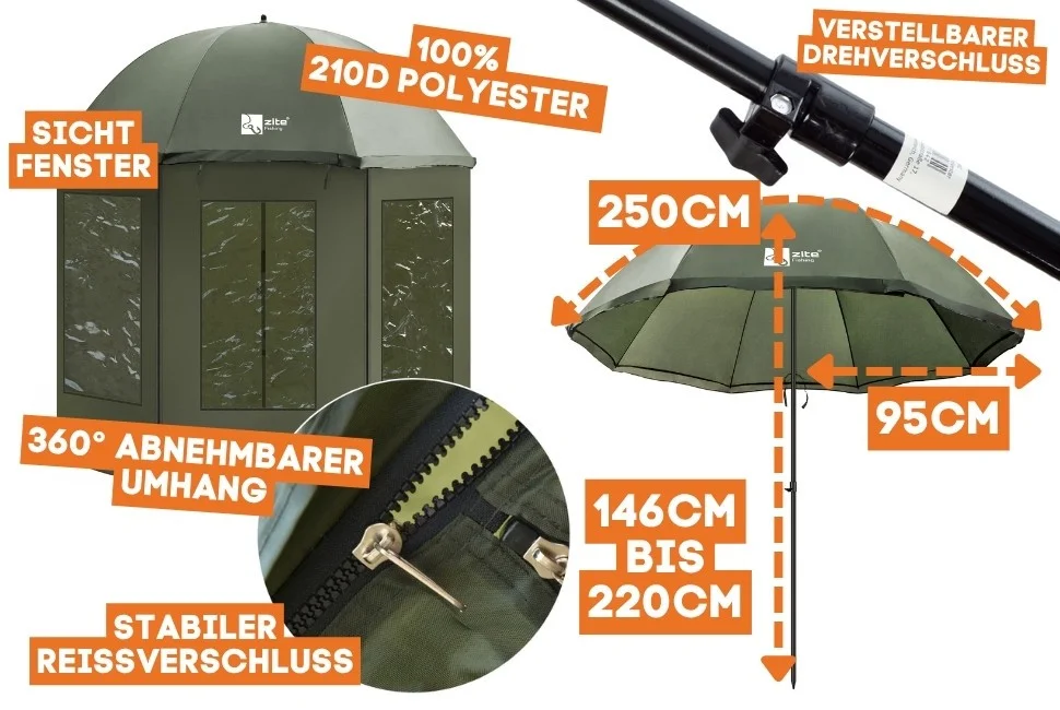 Schirmzelt Geschlossen als Angelschirm Zelt 250cm Zite Fishing - Detaillierte Übersicht