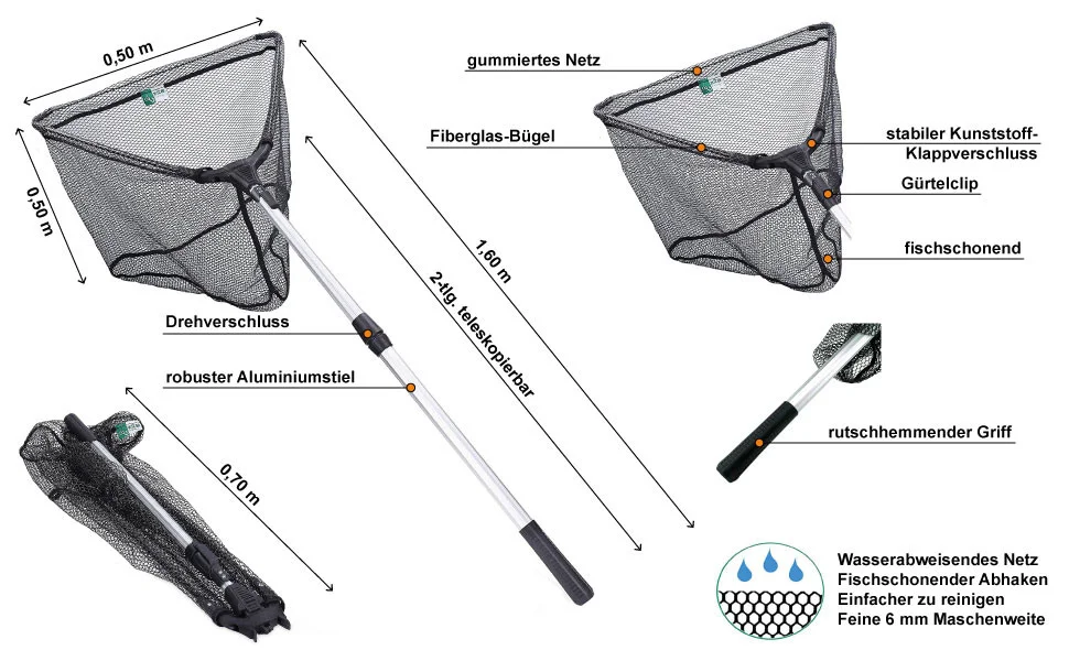 Kescher Gummiertes Netz 160cm als Angelkescher + Hakenlöser Zange Zite Fishing - Detaillierte Übersicht
