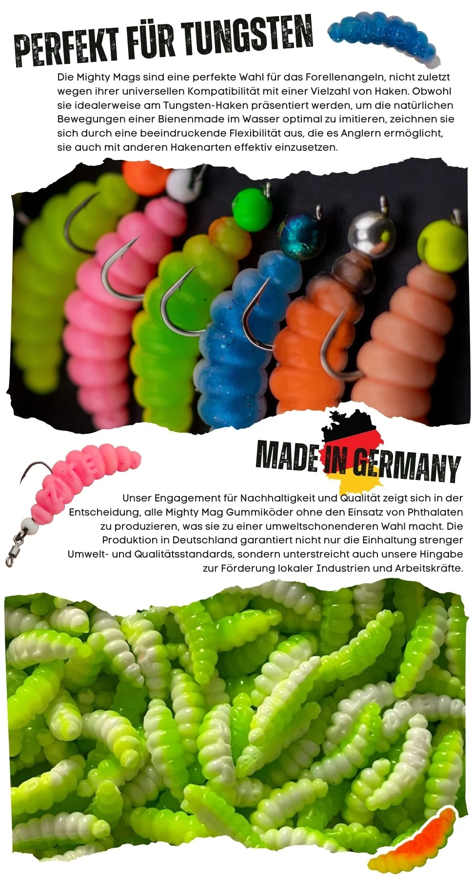 Mighty Mag Starter Set - 48 Gummiköder Knoblauch & Käse Aroma + 6 Tungsten Jighaken - Detaillierte Übersicht