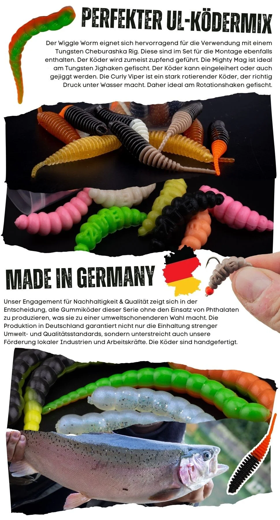 XXL Forellen Gummiköder Set - UL-Köder Bundle mit Mighty Mag, Curly Viper, Twerky Tailer & Haken + GRATIS ÜBERRASCHUNG - Detaillierte Übersicht
