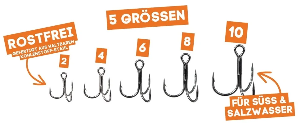 Drillingshaken Sortiment 30 tlg. Größen 2-10 - Drillinge Angeln Haken Set Zite Fishing - Detaillierte Übersicht