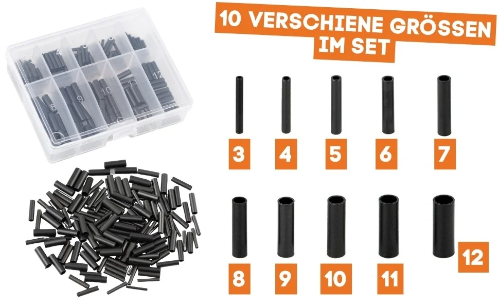 Klemmhülsen Set 10 Größen - 150 Quetschhülsen Schwarz in Box Angeln Vorfachmaterial Zite Fishing - Detaillierte Übersicht