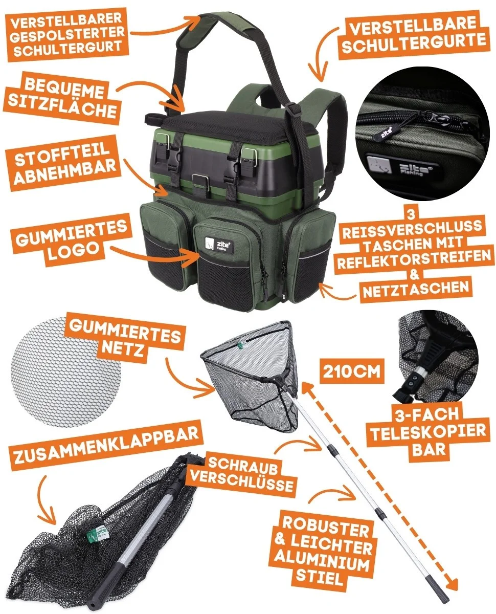 Multi-Angelkoffer Set - Angelrucksack-Sitzkiepe & 2,10m Kescher Gummiert + GRATIS Handtuch & Multi-Angelzange - Detaillierte Übersicht