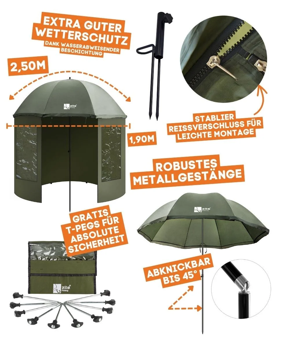 Schirmzelt Set - 250cm Schirmzelt Geschlossen mit Zubehör & Schirmstütze + 10 T-Peg Zeltheringe GRATIS - Detaillierte Übersicht