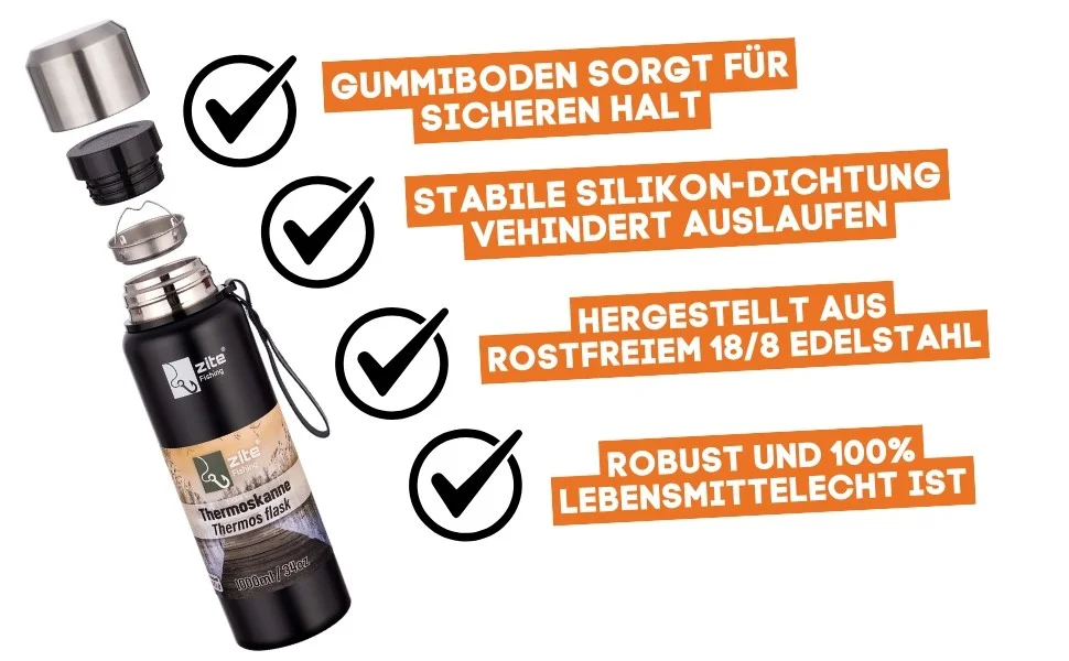 Thermoskanne Edelstahl 1l Doppelwandige Thermosflasche Gummierter Boden mit Becher - Detaillierte Übersicht