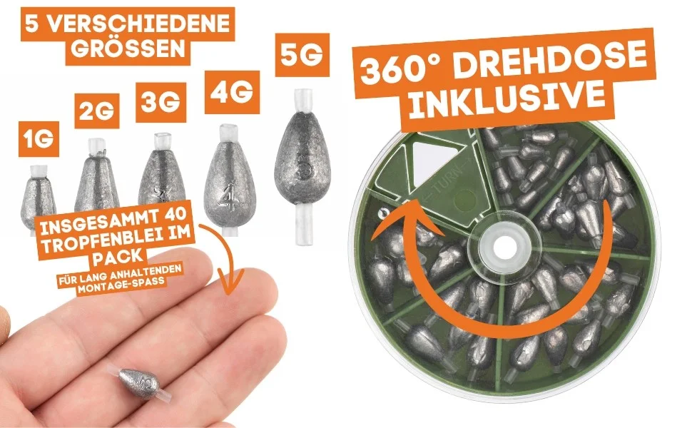 Zite Fishing Tropfenblei Sortiment 40 Stück 1-5g Angelgewicht in Spendierbox zum Grundangeln - Detaillierte Übersicht