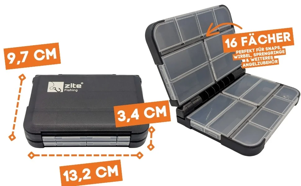 Zite Fishing Pocket Sorting Box Schwarz Tacklebox 13,2 x 9,7 x 3,4 cm 16 Fächern einzeln verschließbar - Detaillierte Übersicht