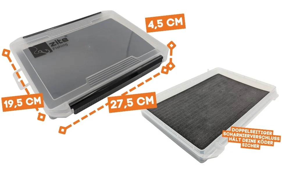 Tacklebox 25,5x19,5x3,5cm Durchgehende EVA-Schaum-Einlage Geschlitzt - Detaillierte Übersicht