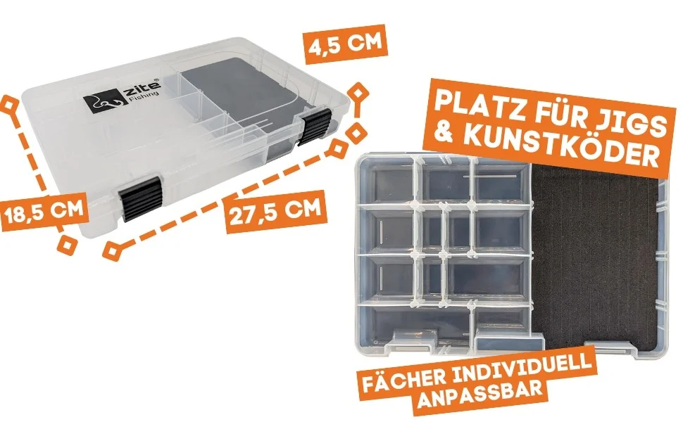 Tacklebox 27,5x18,5x4,5cm Angelbox 5 Fächer Geschlitzte EVA-Schaum-Einlage - Detaillierte Übersicht
