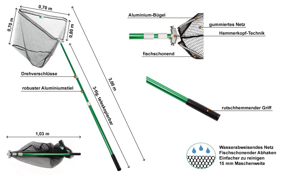 Teleskop Hammerkopf Kescher Gummiert Groß 3m 80x70cm Zite Fishing - Detaillierte Übersicht