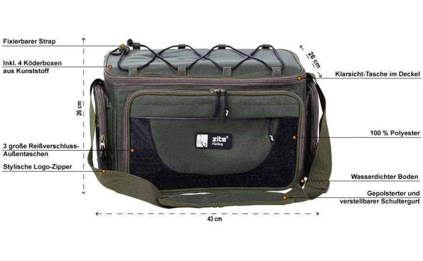 Angeltasche mit Tackle Boxen & Schultergurt 43cm Groß Zite Fishing - Detaillierte Übersicht