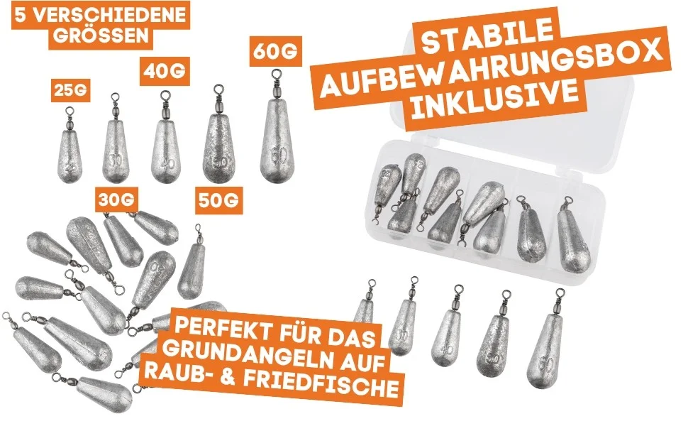 Zite Fishing Tropfenblei Set 25-60g 14 STK Birnenblei Sortiment Angelgewichte Grundangeln - Detaillierte Übersicht