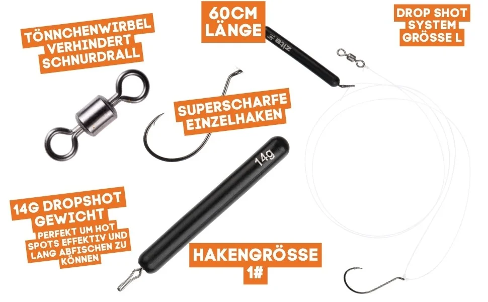 Zite Fishing Tungsten Drop Shot Ready Rig #L mit 14g Gewicht, DS Haken & Fluorocarbon-Coated Vorfach als Fertigmontage - Detaillierte Übersicht