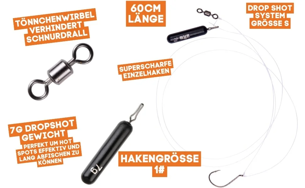 Zite Fishing Tungsten Drop Shot Ready Rig #S mit 7g Gewicht, DS Haken & Fluorocarbon-Coated Vorfach als Fertigmontage - Detaillierte Übersicht