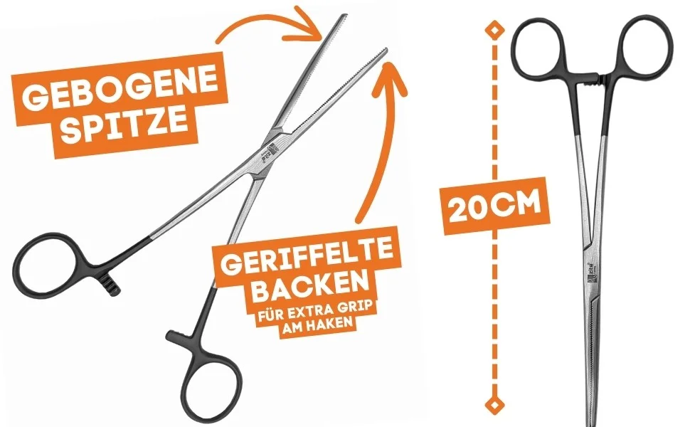 Zite Fishing Hakenlöser Zange gebogen 20 cm rostfreier Stahl mit schwarzem Griff-Coating für Universaleinsatz - Detaillierte Übersicht