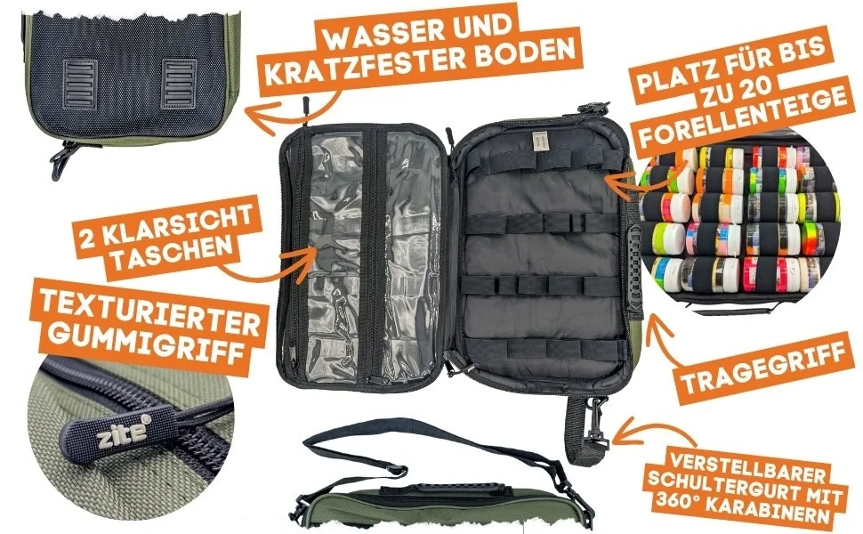 Forellenteig Tasche 23x36x6cm für 20 Forellenpasten Dosen Wasserfest & Tragbar - Detaillierte Übersicht