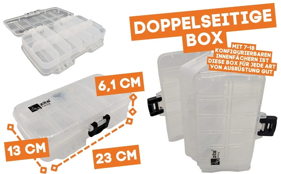 Zite Fishing Double Face Sorting Box Set 21 x 13 x 6,1 cm 3 STK je 18 Fächer für Metallköder, Jigspinner & Spoons - Detaillierte Übersicht