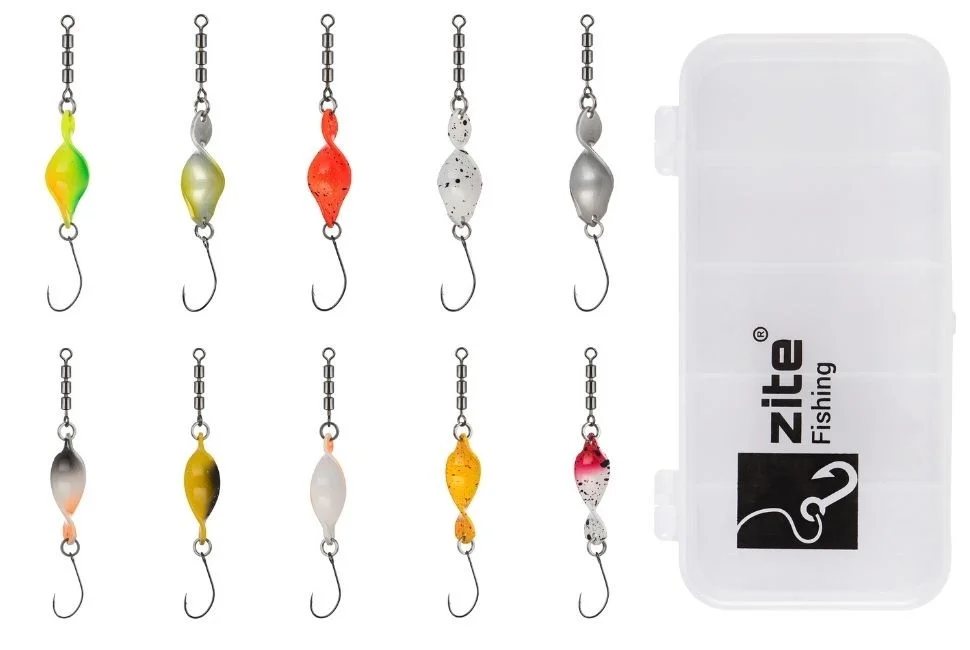 Zite Fishing Spiral Strike Shooter Spoon Set - 10 Stück Forellen-Spoons mit Ownerhaken in Köderbox - Detaillierte Übersicht
