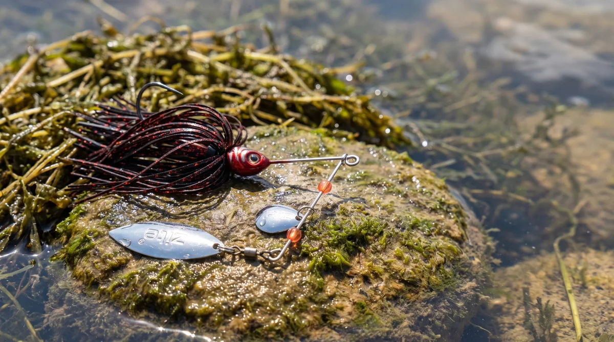 Inzite Rotator Spinnerbaits 16g – Haken 5/0 – Dark Cherry – mit Doppelspinnerblatt & Fransen - Detaillierte Übersicht