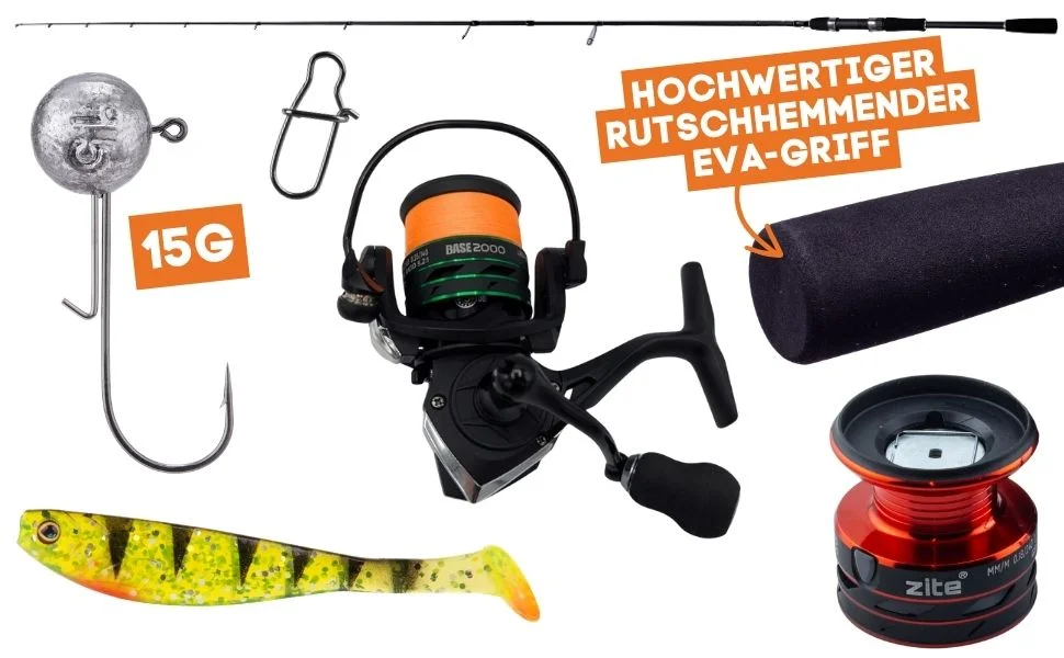 Inzite Base Stick Barsch-Set - 225 cm Angelrute & Spinning Base Reel 2000 bespult + Zubehör - Detaillierte Übersicht