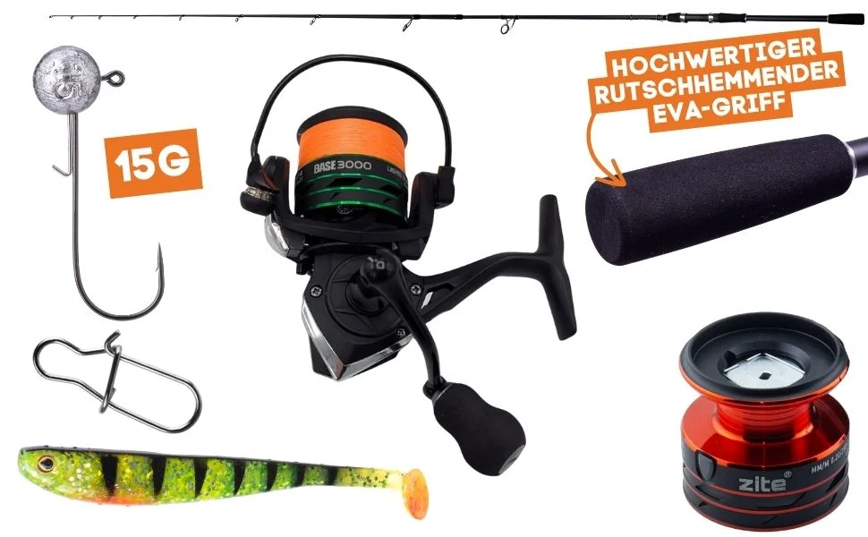 Inzite Base Stick Zander Set - 255 cm Angelrute & Spinning Base Reel 3000 bespult + Zubehör - Detaillierte Übersicht