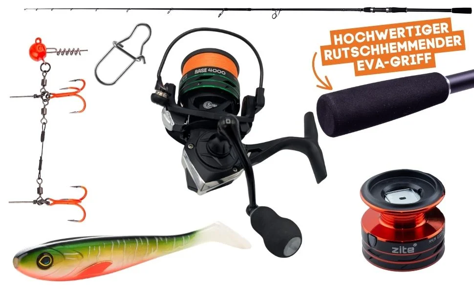 Inzite Base Stick Hecht Set - 255 Angelrute & Spinning Base Reel 4000 bespult, Snaps, Jighaken uvm.  - Detaillierte Übersicht