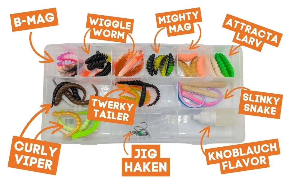 Ultra Light Gummiköder Schnupper Box 40 Forellenköder, Aroma, Haken Set - Detaillierte Übersicht