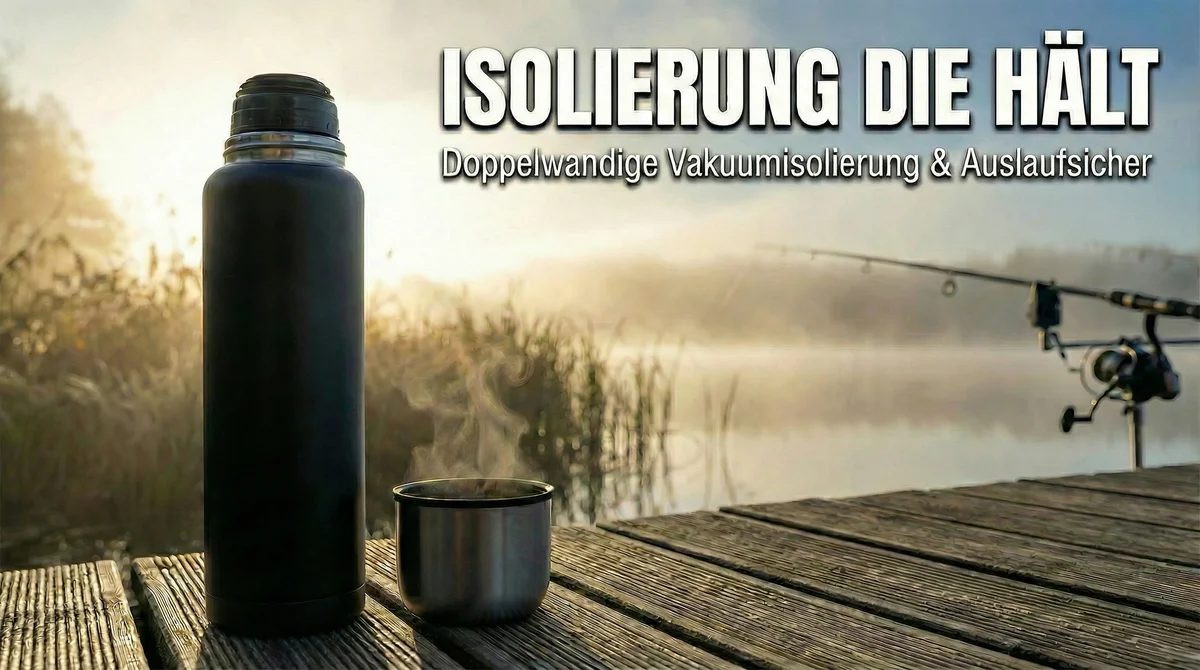 Zite Fishing Thermoskanne 1l Edelstahl Schwarz – Doppelwandige Thermosflasche 8h heiß / 24h kalt mit Becher - Detaillierte Übersicht