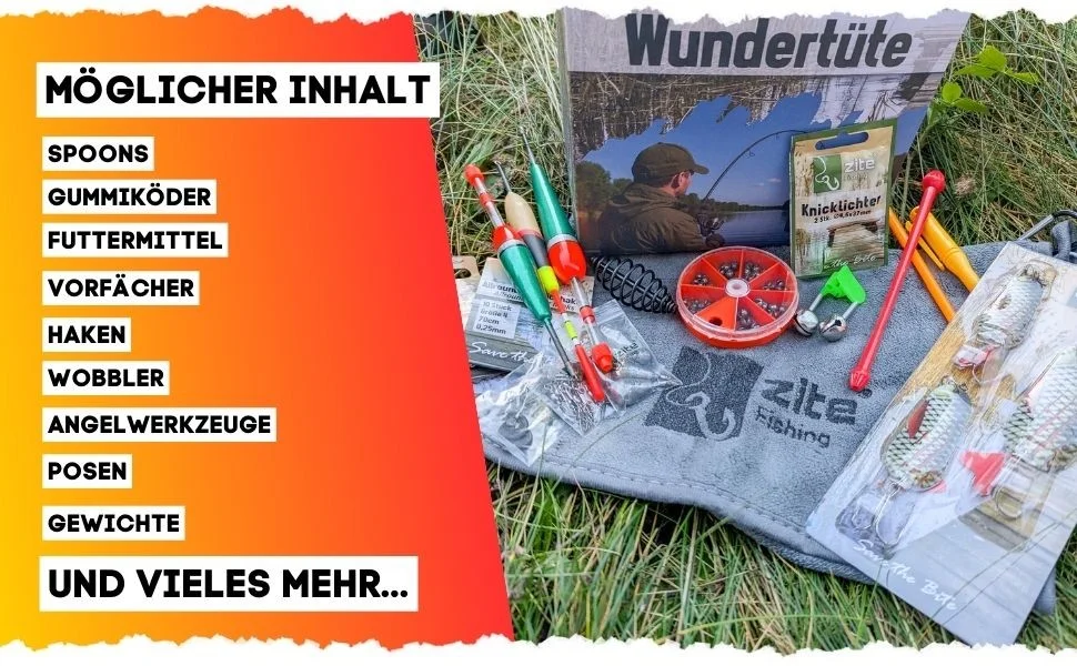 Wundertüte mit Allround Angelzubehör - Überraschungs Anglergeschenk Box mit 50 € Guthabenkarte - Detaillierte Übersicht