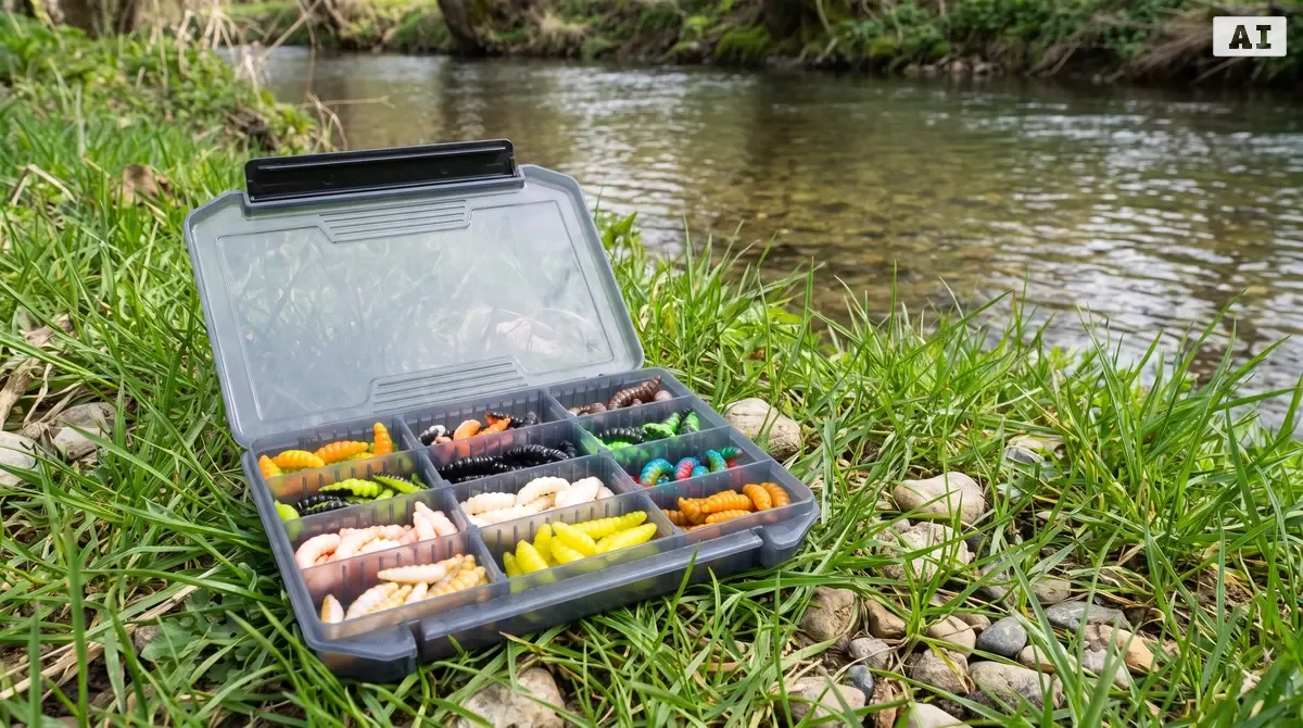 Mighty Mag Starterbox – 144 Gummiköder 2,8 cm in 12 Farben mit Tackle-Box – Forellen Köder Set - Detaillierte Übersicht