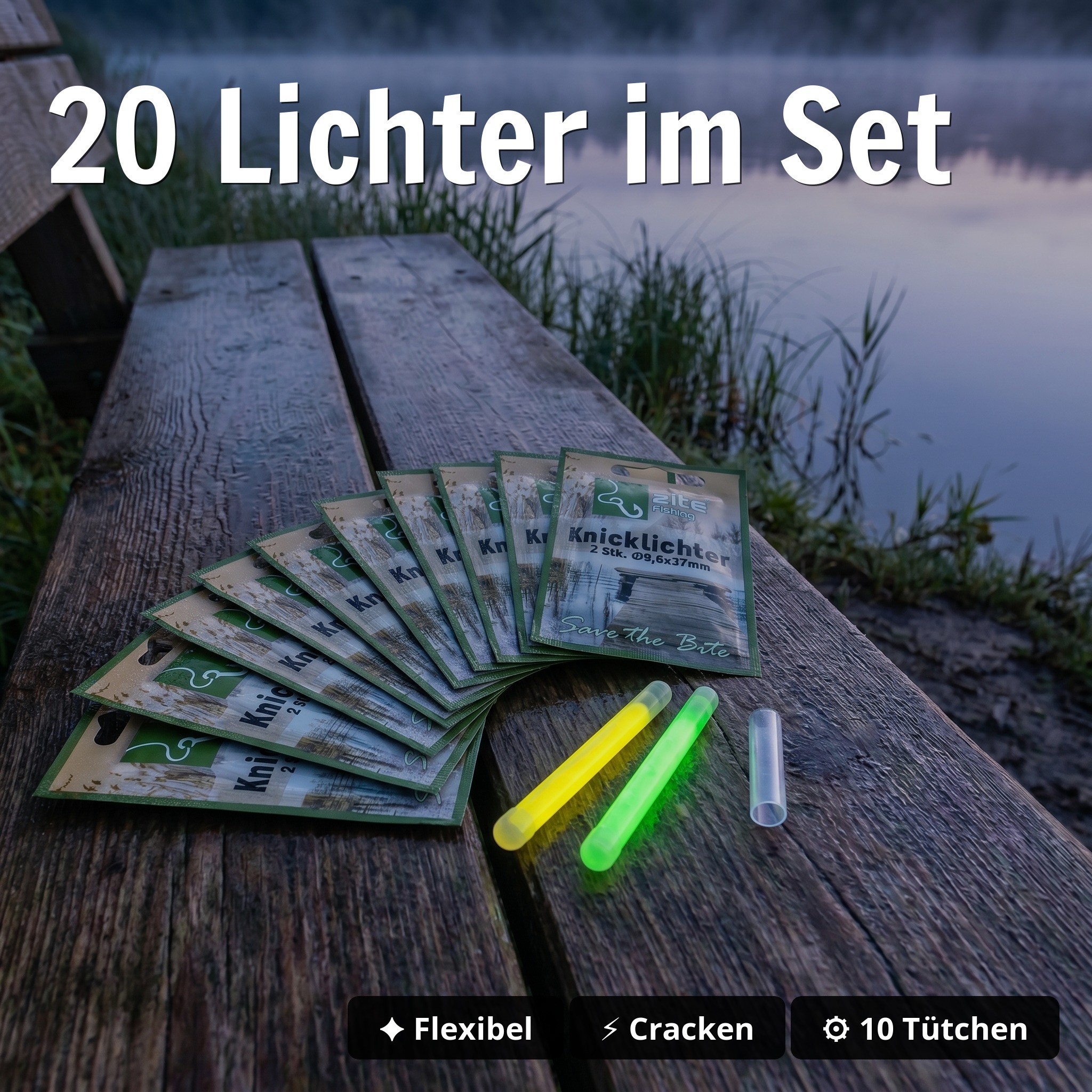 10x Knicklicht 2er Set – 20 Knicklichter Gelb & Grün mit Adapter für Nachtangeln Zite Fishing  - 20 Lichter im Set