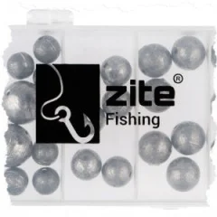 Zite Fishing Lochblei Sortiment 30 Stück 5-20g Kugelblei mit Schnurkanal in Sortierbox Grund- & Strömungsangeln - Übersichtliche Aufbewahrung in Sortierbox