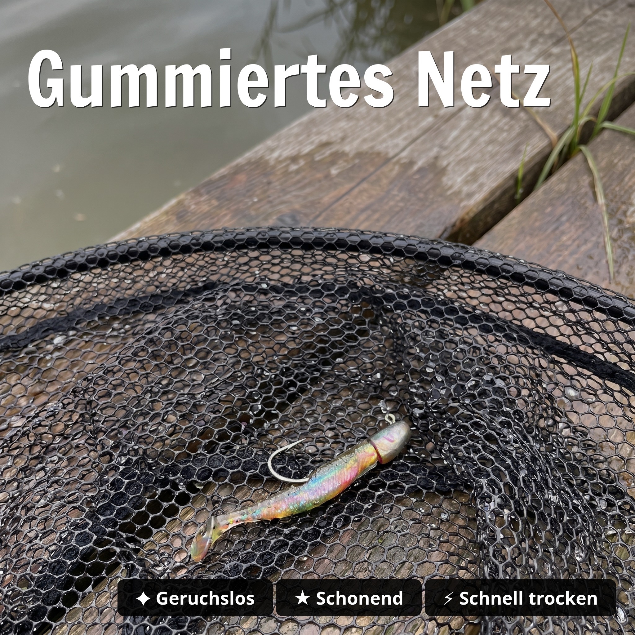 Kescher Gummiert 2,10m – 3-Teilig Teleskop mit gummiertem Netz & Maßband-Tasche Zite Fishing  - Gummiertes Netz