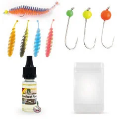 Forellenwürmer 5,5 cm 25 Stück mit 3 Tungstenhaken und 10 ml Knoblauch Aroma Zite Fishing - Umfangreiches Set