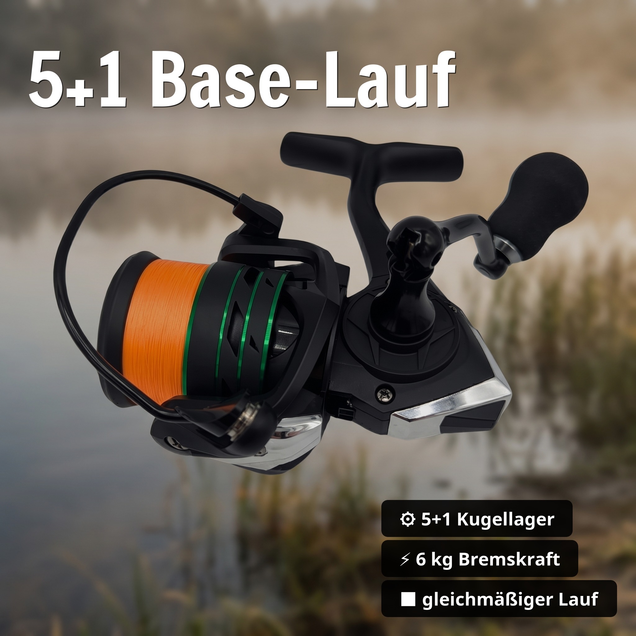 Spinning Reel Base 2000 bespult Spinnrolle mit Frontbremse 5+1 2 Aluminiumspulen für Forelle & Barsch Spinnfischen - 5+1 Base-Lauf